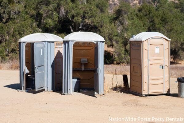 a clean row of portable restrooms for outdoor weddings or festivals in Oregon